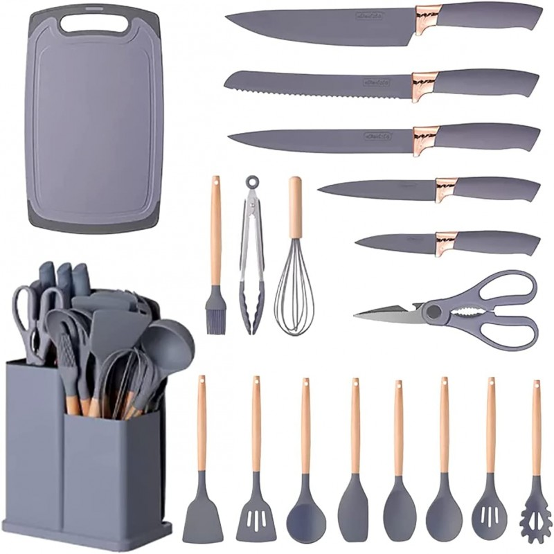 Kitchen Cooking Utensils &Amp; Knife Set With Block Holder &Amp; Cutting Board Premium Silicone Utensils Stainless Steel Coated Knives - 18 Piece