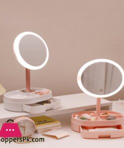 Schreibtisch LED Beleuchtete Touch Screen Tragbare Mini Make Up Spiegel Multi funktion Lagerung Make Up Box Kosmetik Rack spiegel