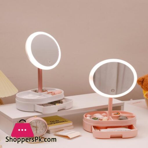 Schreibtisch LED Beleuchtete Touch Screen Tragbare Mini Make Up Spiegel Multi funktion Lagerung Make Up Box Kosmetik Rack spiegel