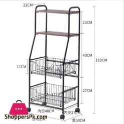 4 Tier Metal Kitchen Rack Rolling Utility Cart Trolley With Wooden Shelf For Microwave Oven Plate Organizer Fruit Vegetable Storage Basket