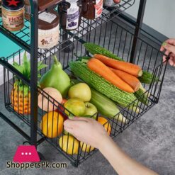 4 Tier Metal Kitchen Rack Rolling Utility Cart Trolley With Wooden Shelf For Microwave Oven Plate Organizer Fruit Vegetable Storage Basket