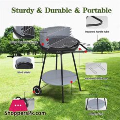 Charcoal Grill 21 Inch Portable Charcoal Grill Carbon Steel Outdoor Grill With Adjustable Charcoal Grill Storage Rack Wheels For Outdoor Cooking Picnic Patio Beach Backyard Color Black