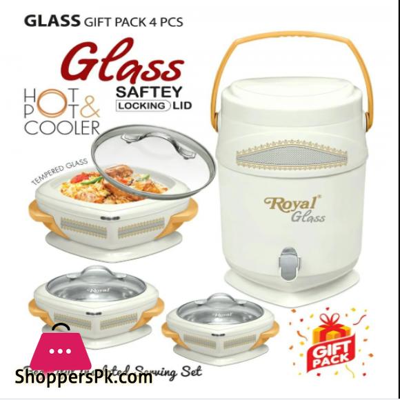 4 Pcs GIFT PACK Royal STYLO GLASS TOP 3 Hot Pot Set 1 piece Water Cooler 14 Litre in Gift Packing BIRYANI ROTI BBQ HOT POT GIFT SET