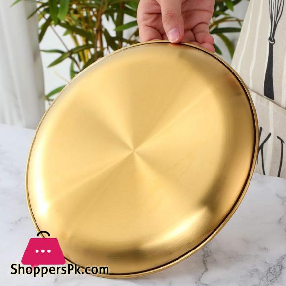 Buyer Star 2 Packs Metal Dinner Plates Stainless Steel Color Heavy Duty Kitchenware Round Metal 9 Inch Plates Dishwasher Safe BPA Free Use for BBQ SteakGold