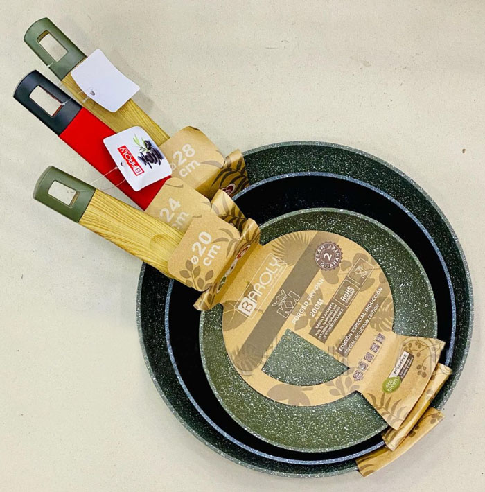 Baroly Granite Frying Pan With Induction Bottom And Wooden Texture Handles With Silicone 20Cm