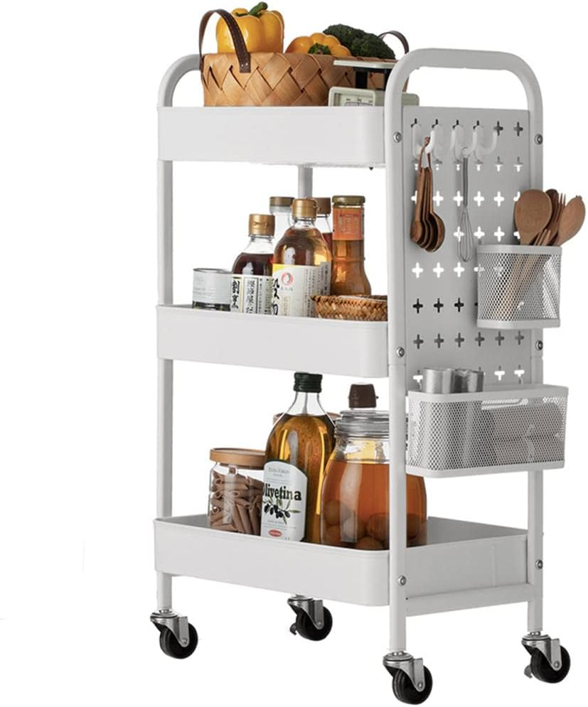 Binca Rolling Island 3 Tier Rolling Cart Metal Beverage Cart White With Wheels Multifunctional For Living Room And Bedroom-White &Amp; Black