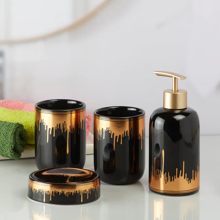 Ceramic Bathroom Accessories Black Gold 4 Piece