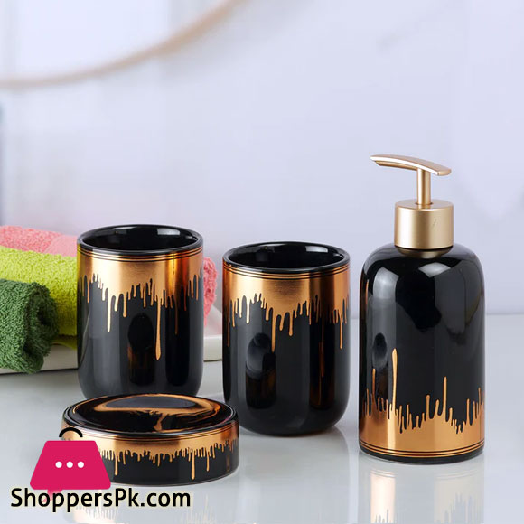 Ceramic Bathroom Accessories Black Gold 4 Piece