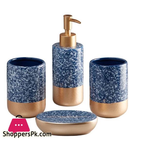 Ceramic Bathroom Accessories Blue Gold 4 Piece