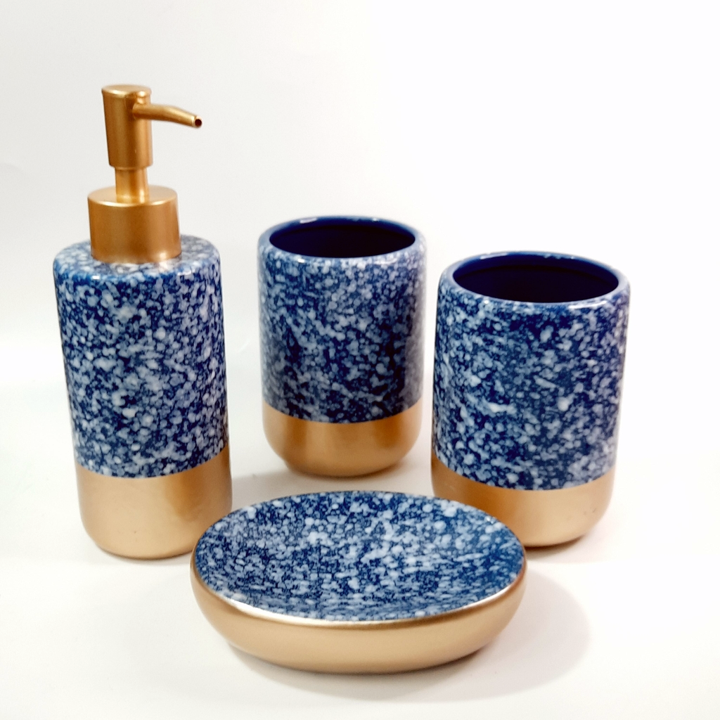 Ceramic Bathroom Accessories Blue Gold 4 Piece