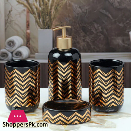 Ceramic Bathroom Accessories Set of 4 Black Gold Design