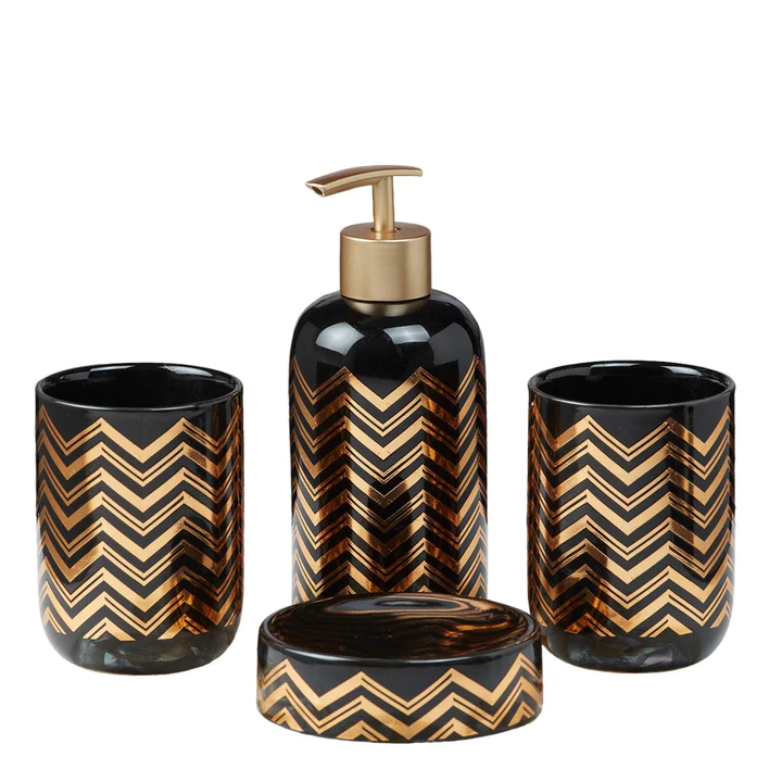 Ceramic Bathroom Accessories Set Of 4 Black Gold Design