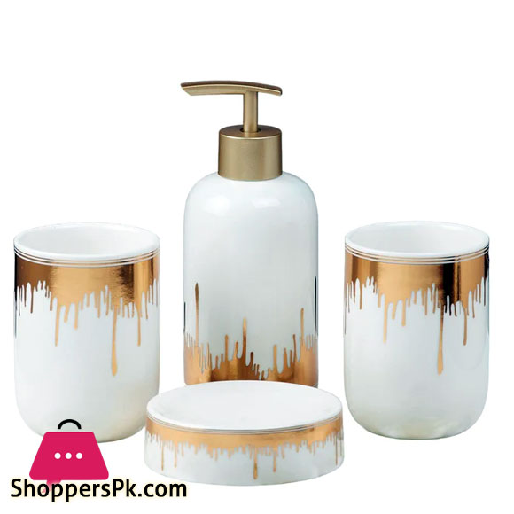 Ceramic Bathroom Accessories White Gold 4 Piece