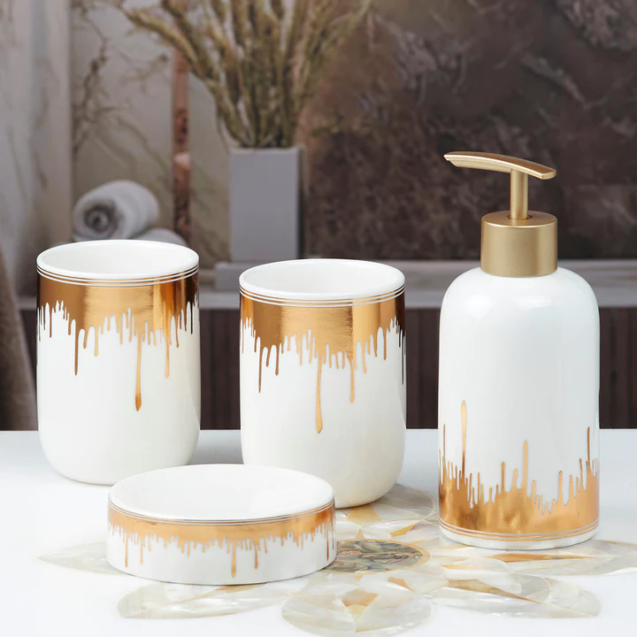 Ceramic Bathroom Accessories White Gold 4 Piece