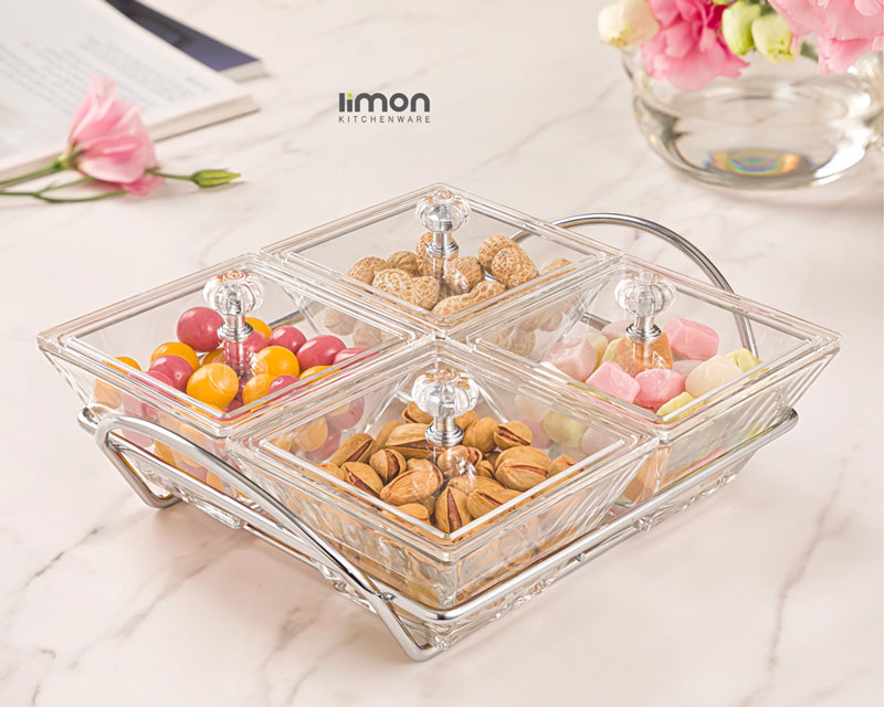 Limon Square Glass Dry Fruit Tray With Steel Stand With Acrylic Top