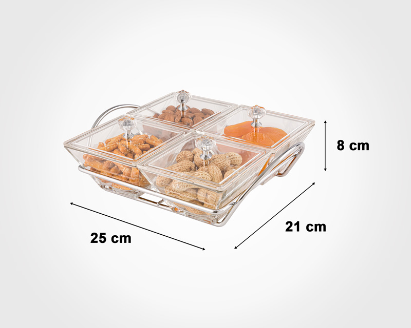 Limon Square Glass Dry Fruit Tray With Steel Stand With Acrylic Top