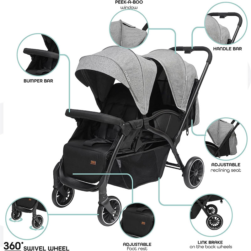 Moon Dois Easy Foldable Twin Stroller Pram With Adjustable Leg Rest