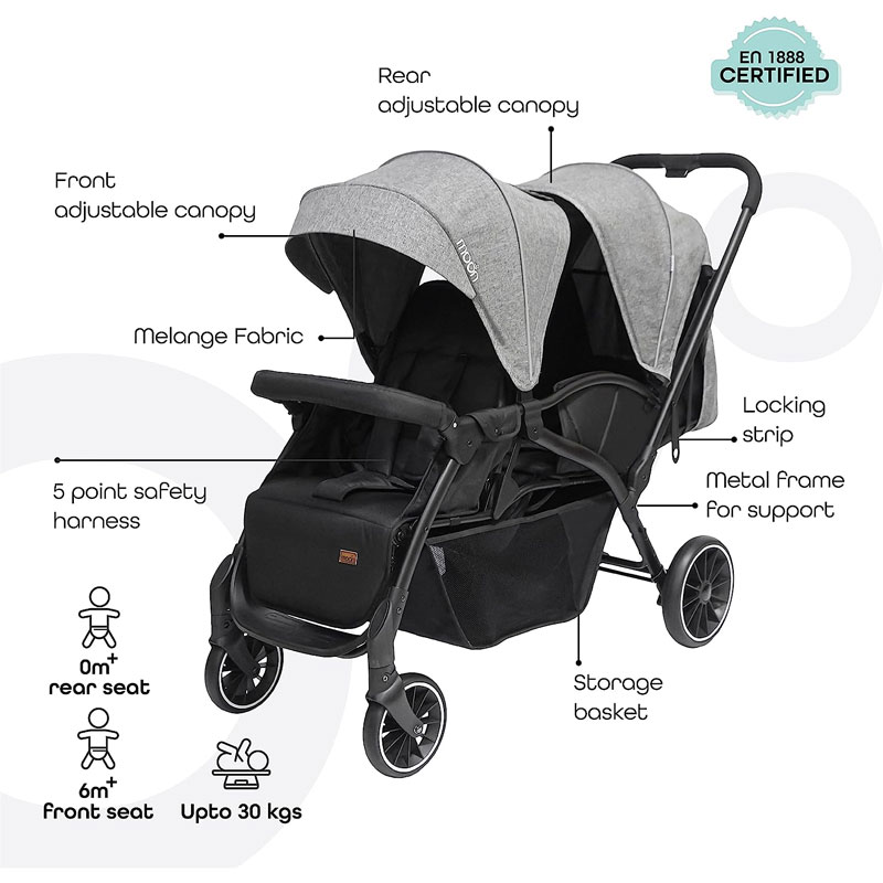 Moon Dois Easy Foldable Twin Stroller Pram With Adjustable Leg Rest