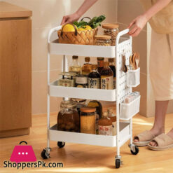 Binca Rolling Island 3 Tier Rolling Cart Metal Beverage Cart White With Wheels Multifunctional For Living Room And Bedroom-White &Amp; Black