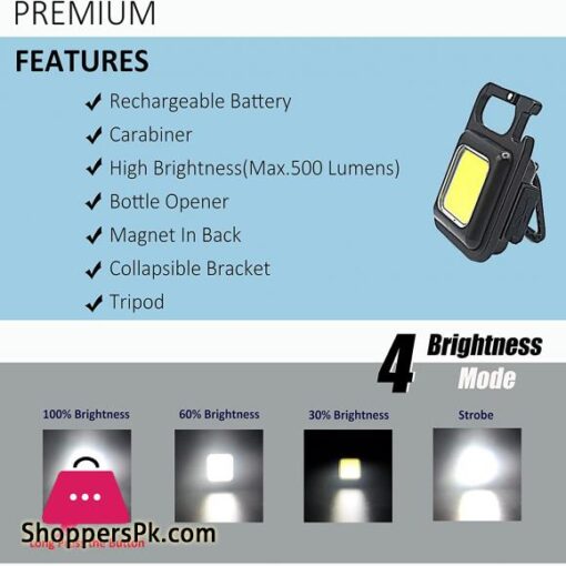 COB Rechargeable Keychain Mini Small Flashlight 3 Light Modes Portable Pocket Light with Folding Bracket Bottle Opener and Magnet Base for Fishing Walking and Camping