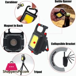 Cob Rechargeable Keychain Mini Small Flashlight 3 Light Modes Portable Pocket Light With Folding Bracket Bottle Opener And Magnet Base For Fishing Walking And Camping