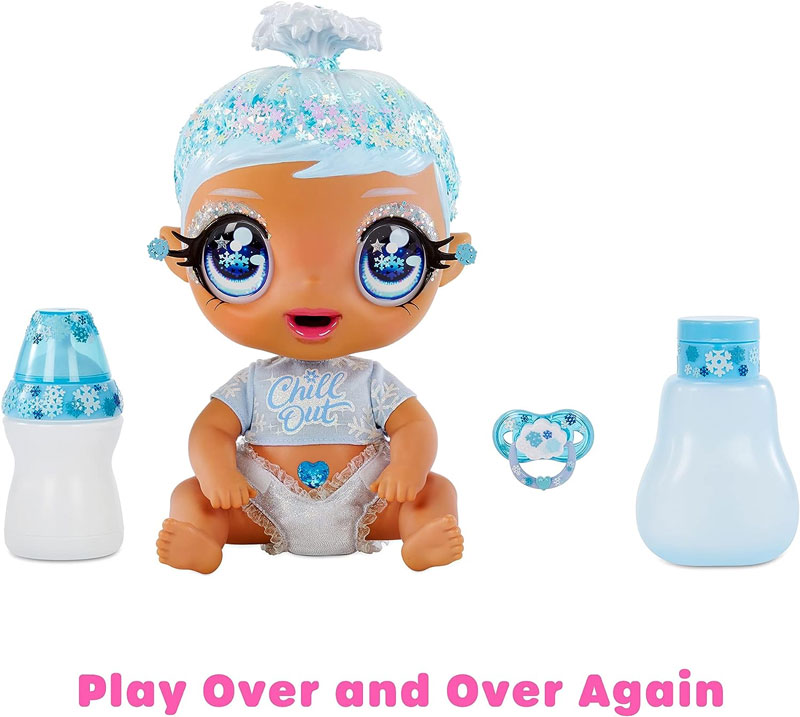 Mga'S Glitter Babyz January Snowflake Baby Doll With 3 Magical Color Changes Blue Hair, Winter Snowflakes Outfit, Diaper, Bottle, Accessories- Gift For Kids, Toy For Girls Boys Ages 3 4 5+ Years Old
