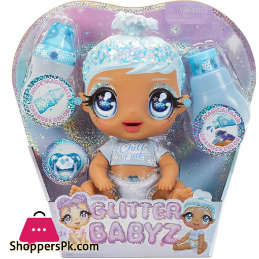 MGA'S Glitter BABYZ January Snowflake Baby Doll with 3 Magical Color Changes Blue Hair, Winter Snowflakes Outfit, Diaper, Bottle, Accessories- Gift for Kids, Toy for Girls Boys Ages 3 4 5+ Years Old