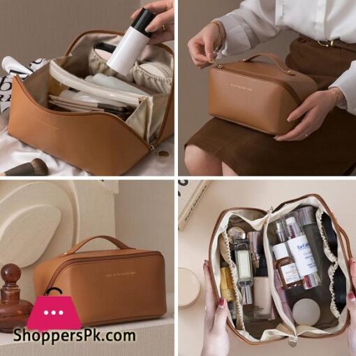 Multifunctional Portable Large Capacity Travel Cosmetic Bag with Handle Makeup Organizer Bag Storage Makeup Bag Waterproof PU Leather Travel Toiletry Bag for Women