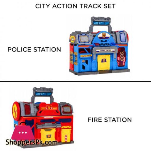 My Take Along Car Parking Lot Playset Combination Fire Station Police Station Toy For Kids WalkieTalkie Loud Speaker Calling All Cars Rescue Team On The Way Best Toy Play Set Gift For Kid Children Boys Girls City Action Track Sets For Vehicles