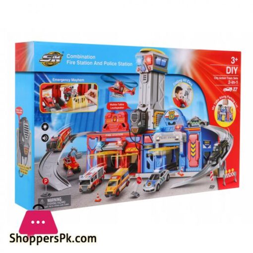 My Take Along Car Parking Lot Playset Combination Fire Station Police Station Toy For Kids WalkieTalkie Loud Speaker Calling All Cars Rescue Team On The Way Best Toy Play Set Gift For Kid Children Boys Girls City Action Track Sets For Vehicles