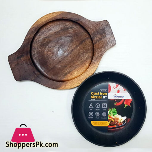 Imperial Cast Iron Round Sizzler Plate with Wood Base 8 Inch