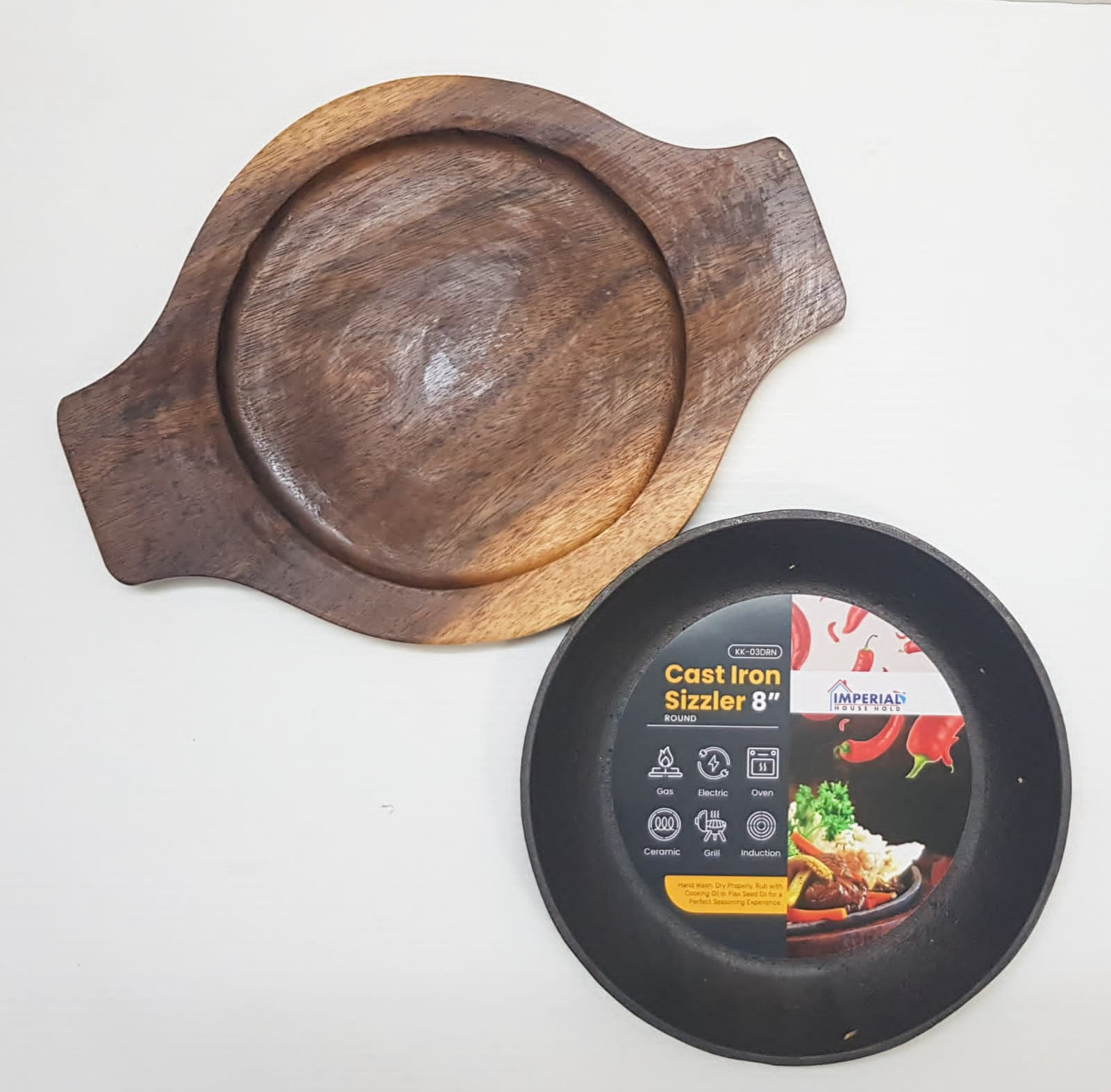 Imperial Cast Iron Round Sizzler Plate With Wood Base 8 Inch