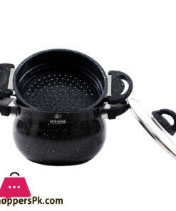 LIFE SMILE Steamer Pot 8 Liter - Steaming Cookware Couscoussier with Tempered Glass Lid- 2 Tier Steaming Pot Granite Coating Stock Pot- Induction Bottom - Dishwasher Safe 24 CM 8 Liters