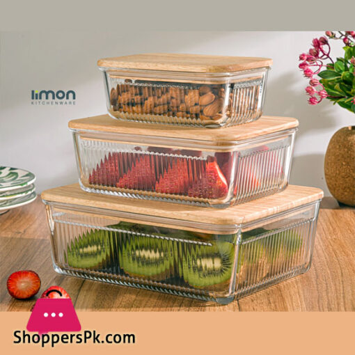 Limon Rectangular Glass Container Set Wooden Lid