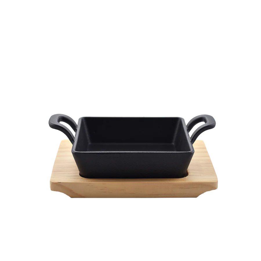 Mini Square 12.5Cm Sizzling Plate With Handle And Wooden Base 8 Mini Square 12.5Cm Sizzling Plate With Handle And Wooden Base