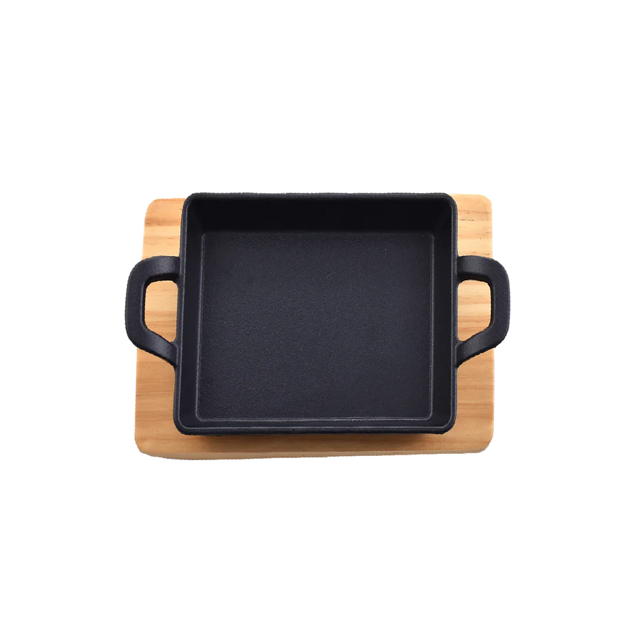 Mini Square 12.5Cm Sizzling Plate With Handle And Wooden Base 9 Mini Square 12.5Cm Sizzling Plate With Handle And Wooden Base