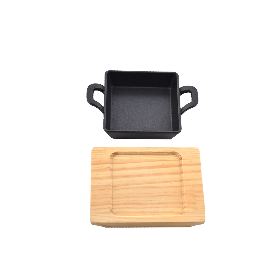 Mini Square 12.5Cm Sizzling Plate With Handle And Wooden Base 10 Mini Square 12.5Cm Sizzling Plate With Handle And Wooden Base