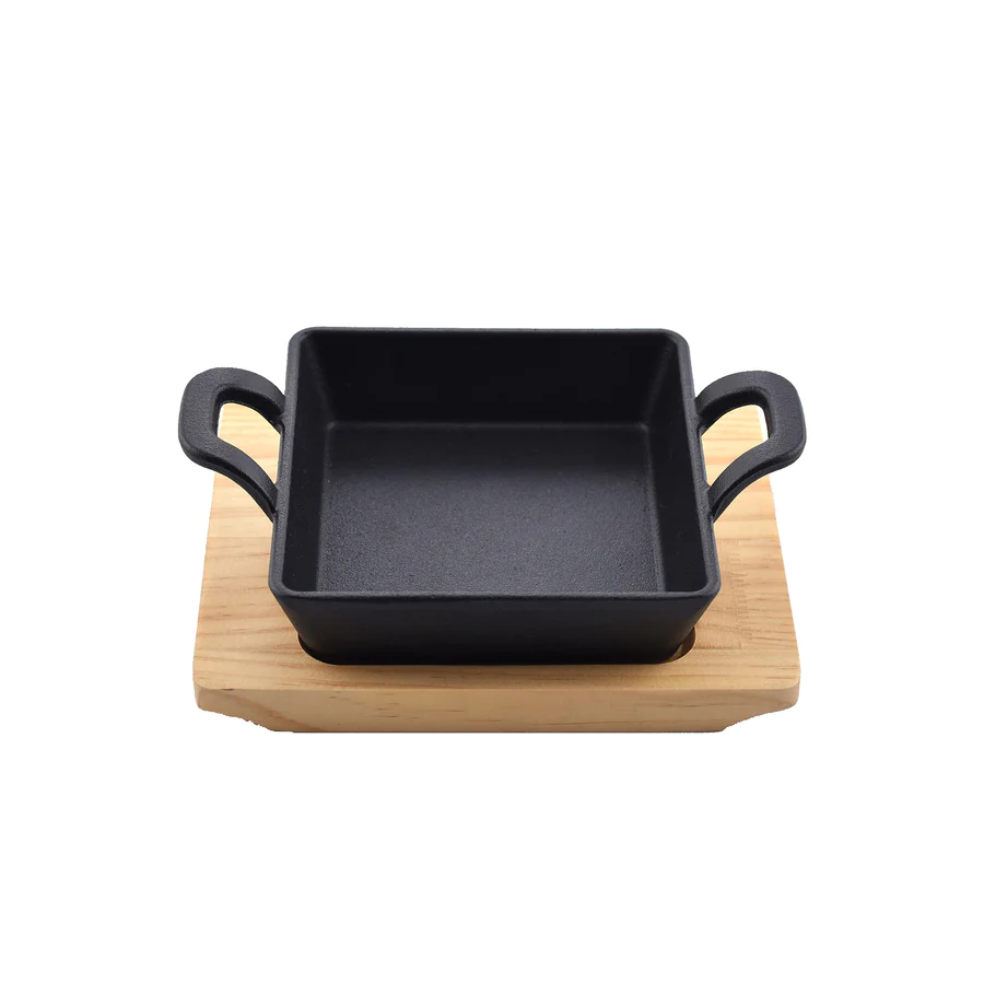 Mini Square 12.5Cm Sizzling Plate With Handle And Wooden Base 7 Mini Square 12.5Cm Sizzling Plate With Handle And Wooden Base