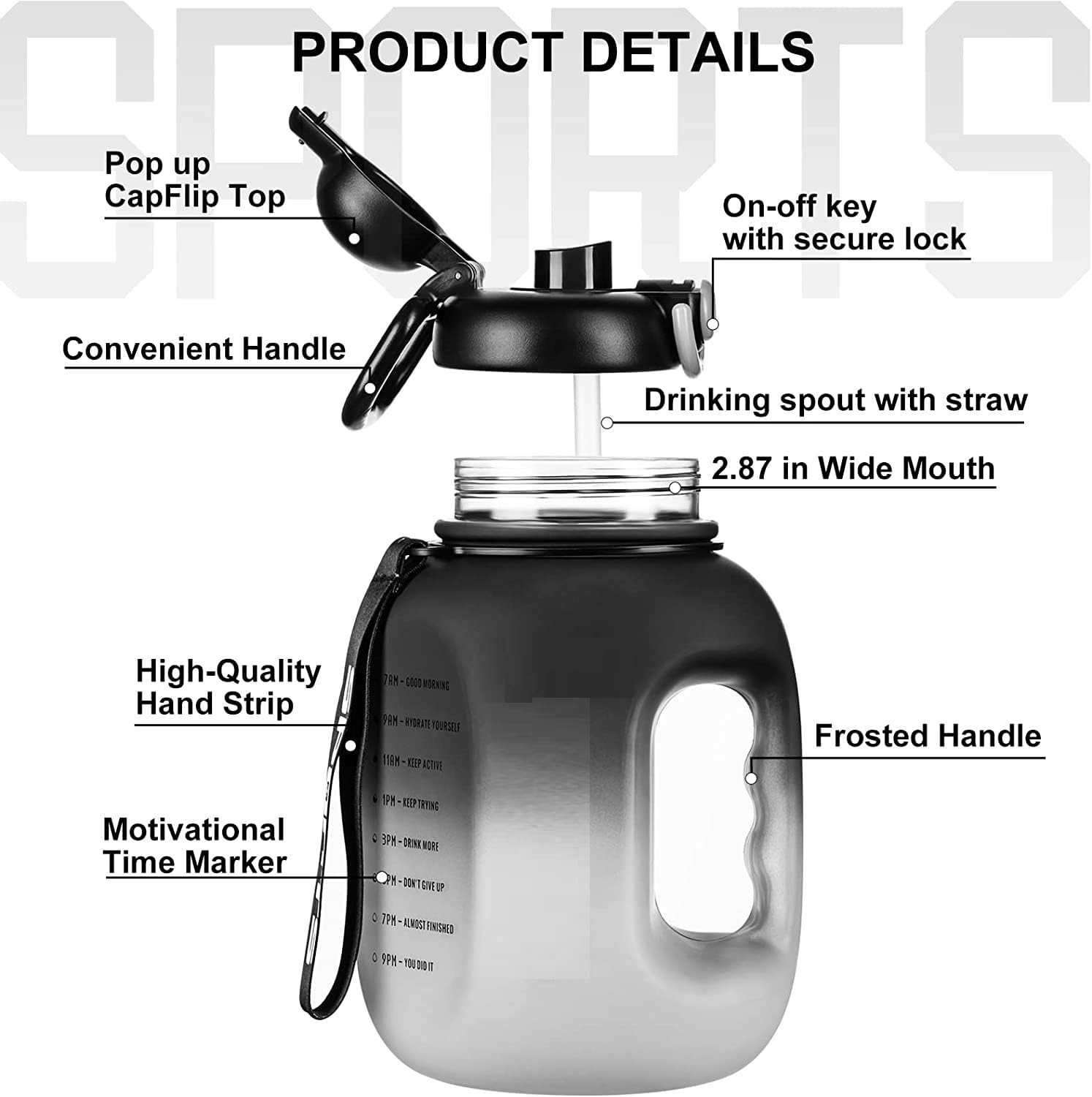 Motivational Sports Water Bottle With Time Marker &Amp; Straw, Leakproof Bpa Free Reusable Fitness Water Jug For Gym, Work And Outdoor 1.6L Large