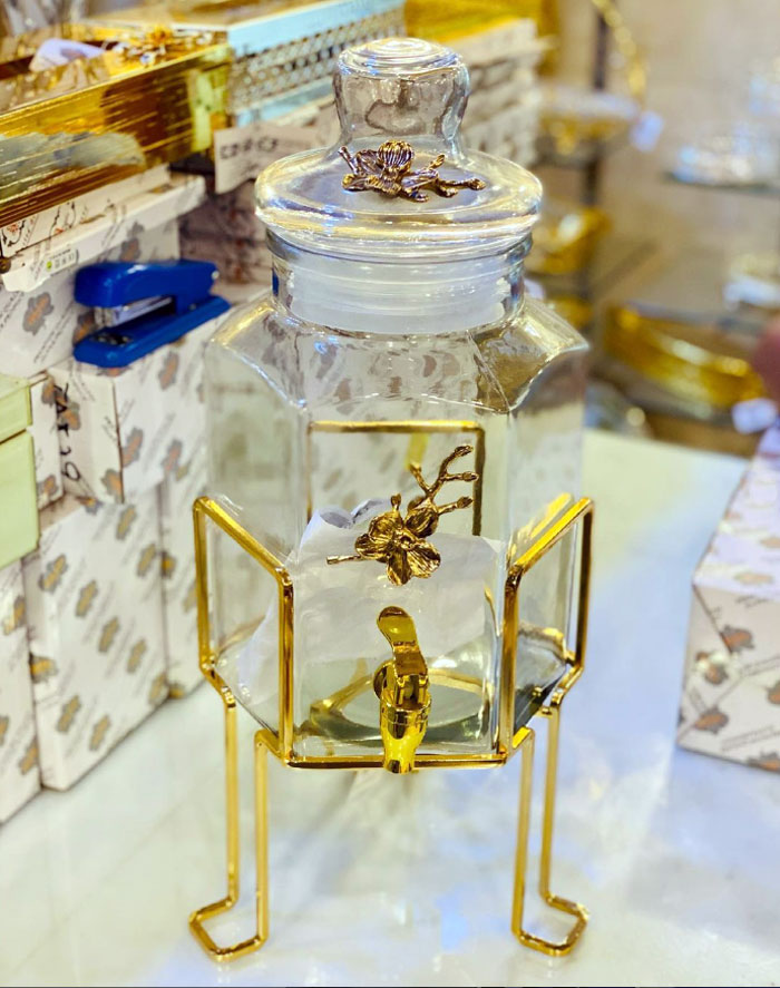 Orchid Glass Juice Dispenser Gold &Amp; Silver Dispenser With Stand 7Liter