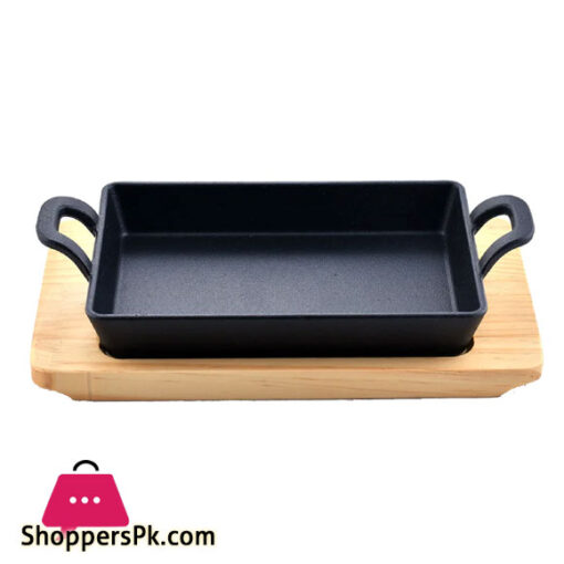Sizzling Plate Rectangular With Handle And Wooden 16 x 11 Inch