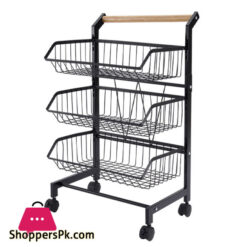 3 Tier Fruit Vegetable Storage Basket Rolling Cart With Handle And Wheels, Black