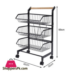 3 Tier Fruit Vegetable Storage Basket Rolling Cart With Handle And Wheels, Black