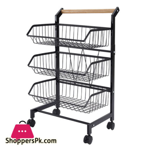 3 Tier Fruit Vegetable Storage Basket Rolling Cart with Handle and Wheels, Black