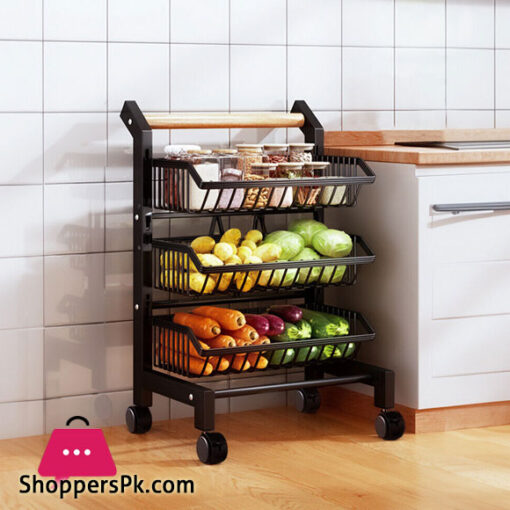 3 Tier Fruit Vegetable Storage Basket Rolling Cart with Handle and Wheels, Black