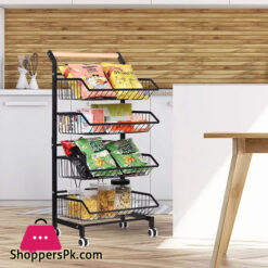 4 Tier Fruit Vegetable Storage Basket Rolling Cart With Handle And Wheels, Black