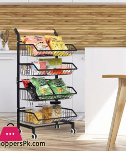 4 Tier Fruit Vegetable Storage Basket Rolling Cart With Handle And Wheels, Black 23 4 Tier Fruit Vegetable Storage Basket Rolling Cart With Handle And Wheels, Black - Image 2