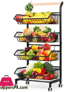 4 Tier Fruit Vegetable Storage Basket Rolling Cart with Handle and Wheels, Black