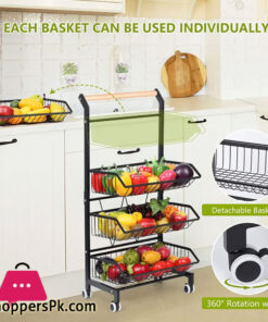4 Tier Fruit Vegetable Storage Basket Rolling Cart With Handle And Wheels, Black 24 4 Tier Fruit Vegetable Storage Basket Rolling Cart With Handle And Wheels, Black - Image 3