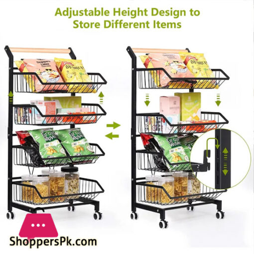 4 Tier Fruit Vegetable Storage Basket Rolling Cart with Handle and Wheels, Black